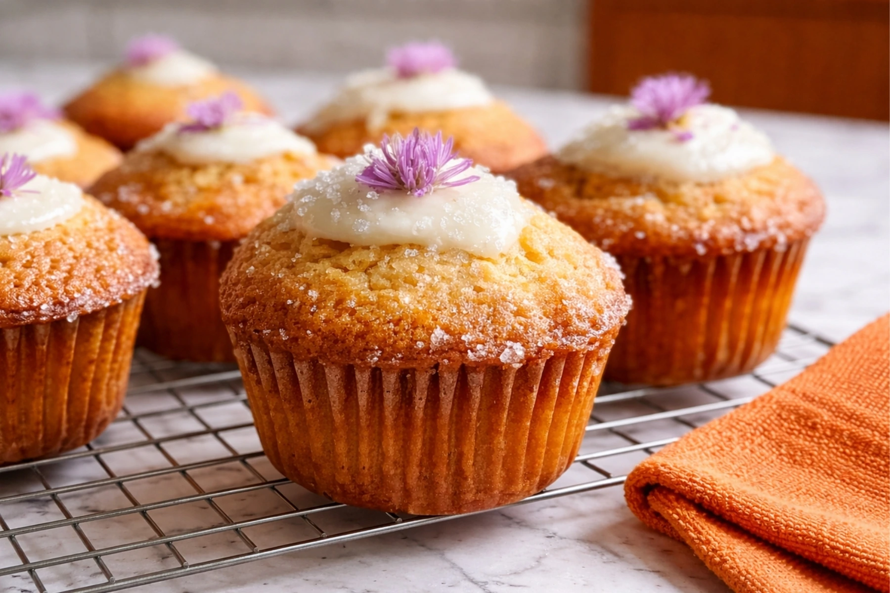Olive Oil Muffins with Light Glaze and Sugar Crust on Cooling Rack