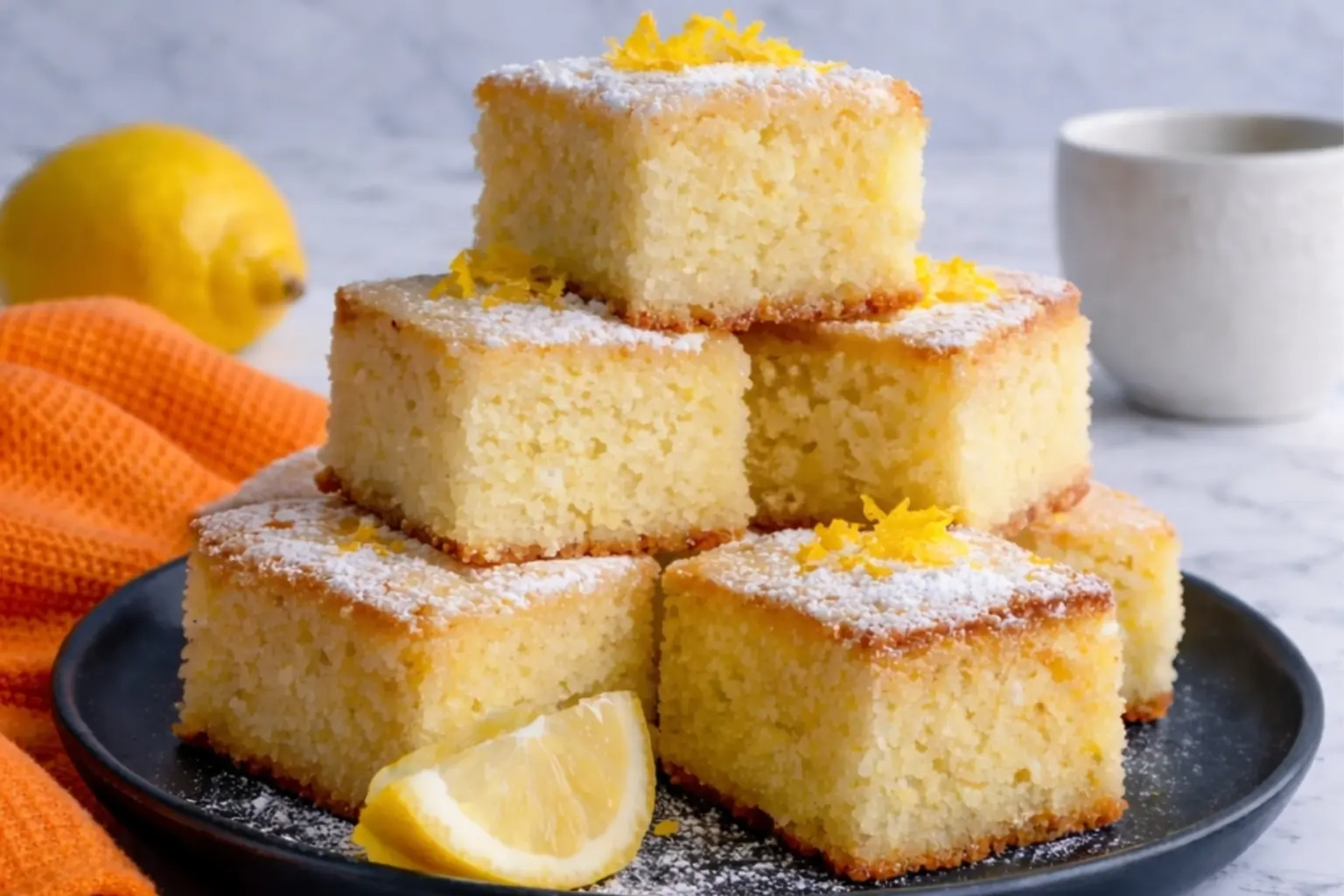 Lemon brownies stacked with powdered sugar and fresh lemon zest
