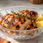 Juicy grilled chicken breast slices with golden char marks, lemon wedges, and fresh thyme served in a clear crystal bowl on a white marble countertop.