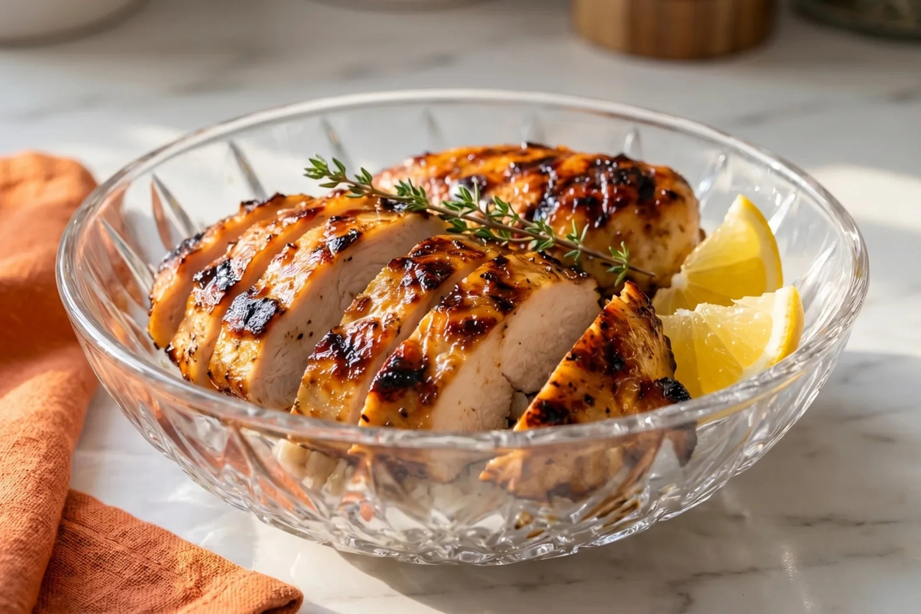 Juicy grilled chicken breast slices with golden char marks, lemon wedges, and fresh thyme served in a clear crystal bowl on a white marble countertop.