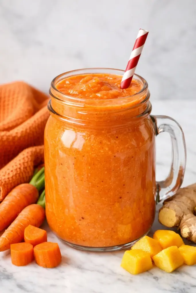Strawberry Mango Smoothie with Carrot and Ginger in a Glass Jar