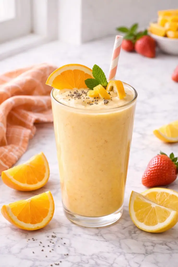 Strawberry Mango Smoothie with Citrus Zing Orange and Lemon Garnish