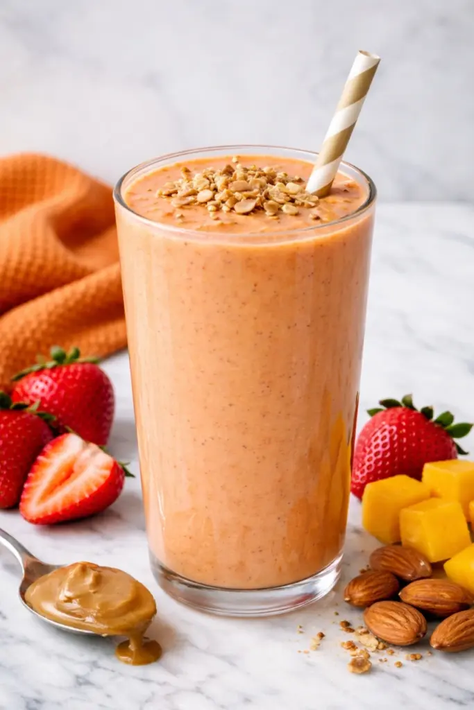 Strawberry Mango Smoothie with Nut Butter and Almond Topping