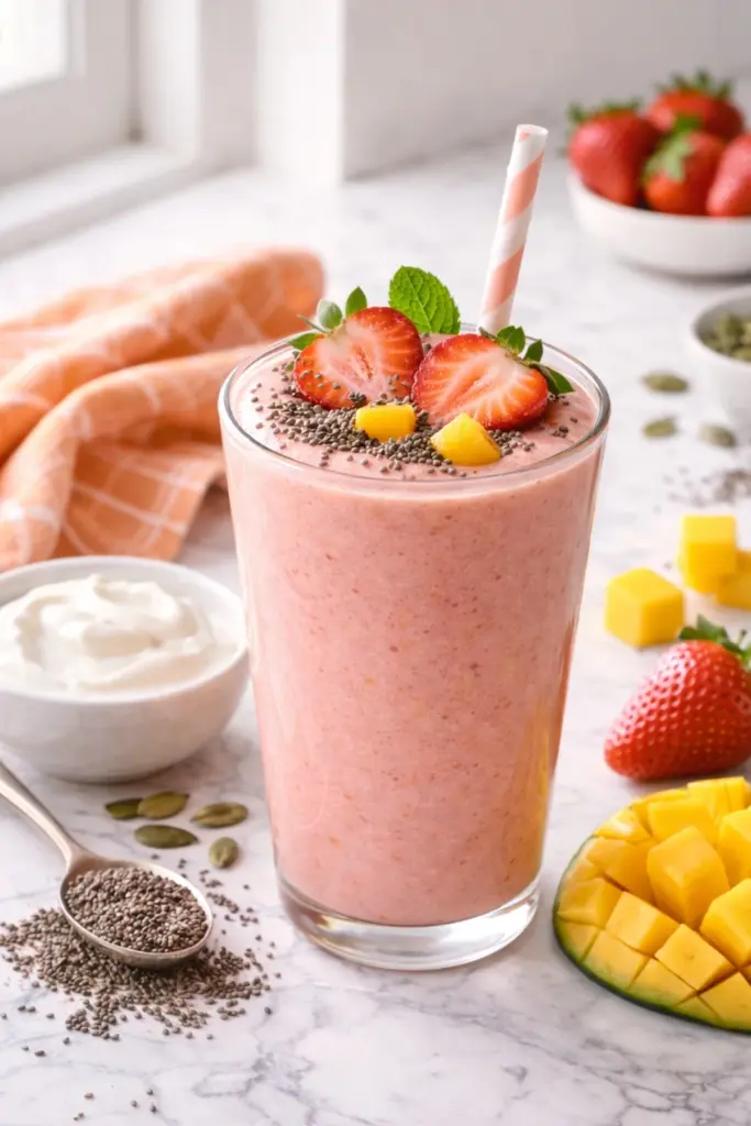 Strawberry Mango Protein Smoothie with Greek Yogurt and Seeds