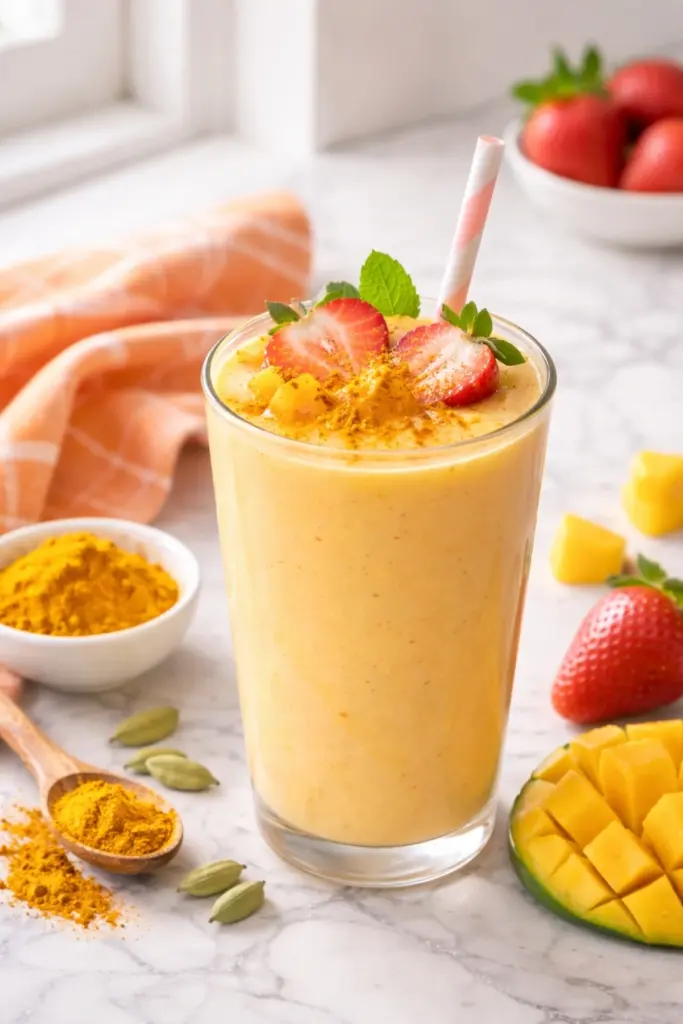 Strawberry Mango Smoothie with Turmeric and Cardamom Spices