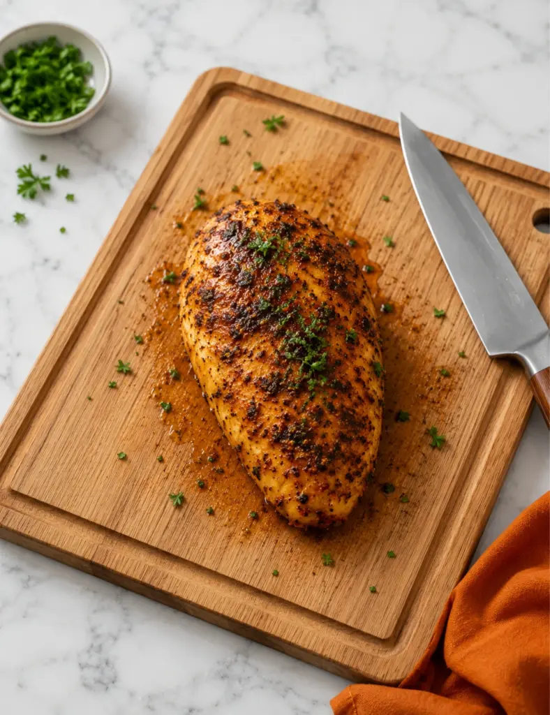 Slow Cooker Chicken Breast on a wooden cutting board with herbs, juices, and a knife on a white marble countertop.
