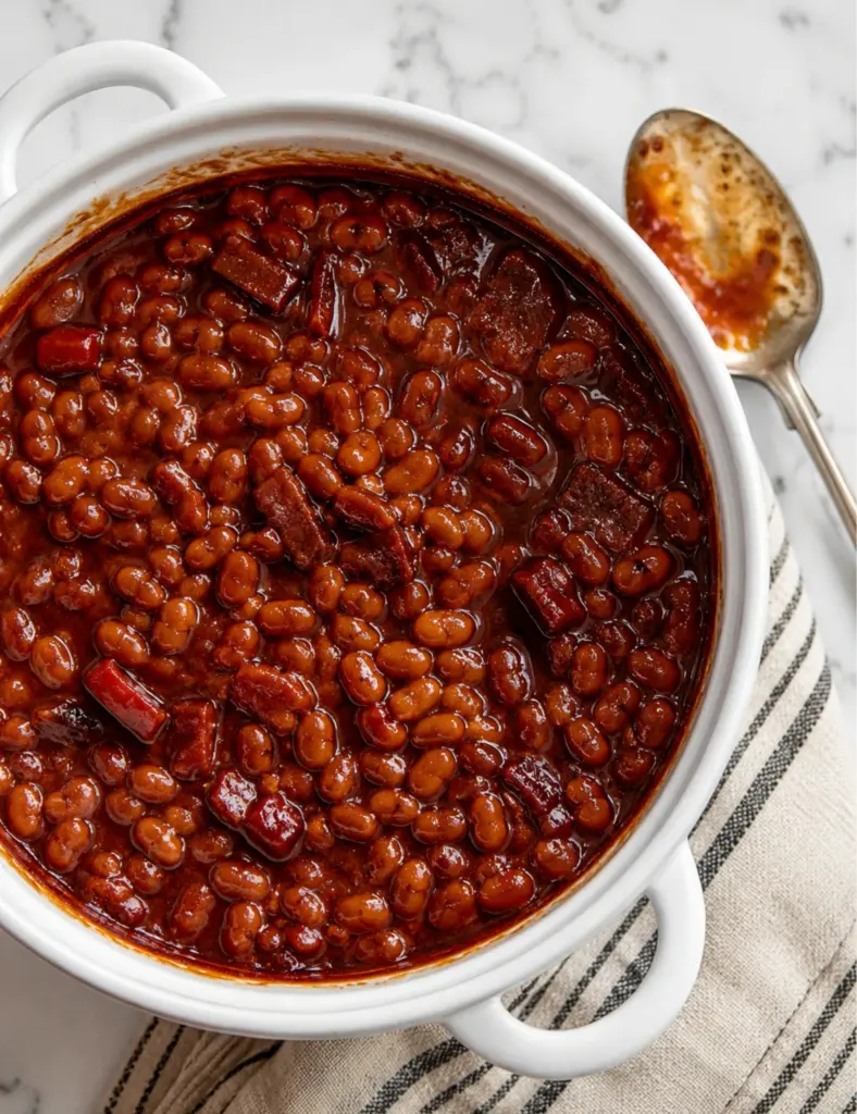 Overhead view of homemade baked beans with bacon in a rich smoky sauce served in a white Dutch oven on a marble countertop.
