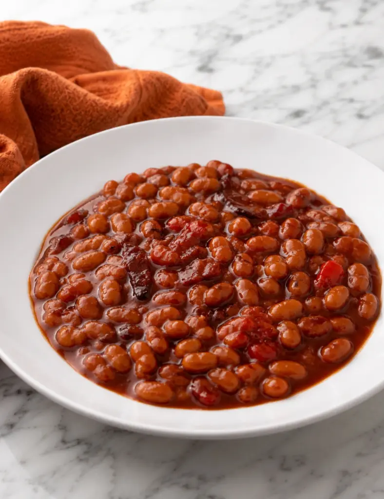 Homemade baked beans served in a white bowl with a glossy sweet and smoky sauce on a marble countertop.