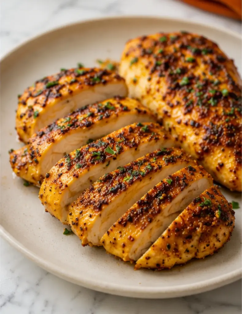 Sliced Slow Cooker Chicken Breast on a beige plate with golden seasoning, fresh herbs, and juicy tender slices.