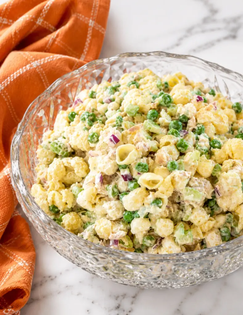 Creamy tuna pasta salad with shell pasta, peas, celery, red onion, and tuna served in a crystal bowl on a white marble countertop.