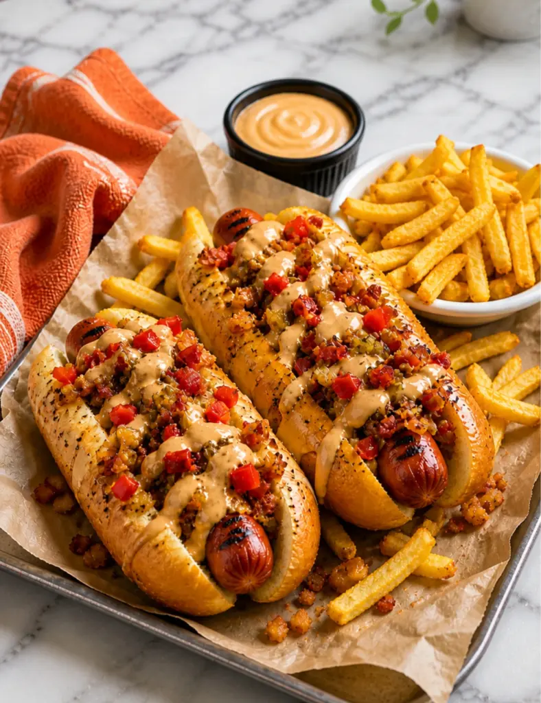 Loaded hot dogs with creamy sauce, diced peppers, crispy toppings, fries, and dipping sauce on a marble countertop