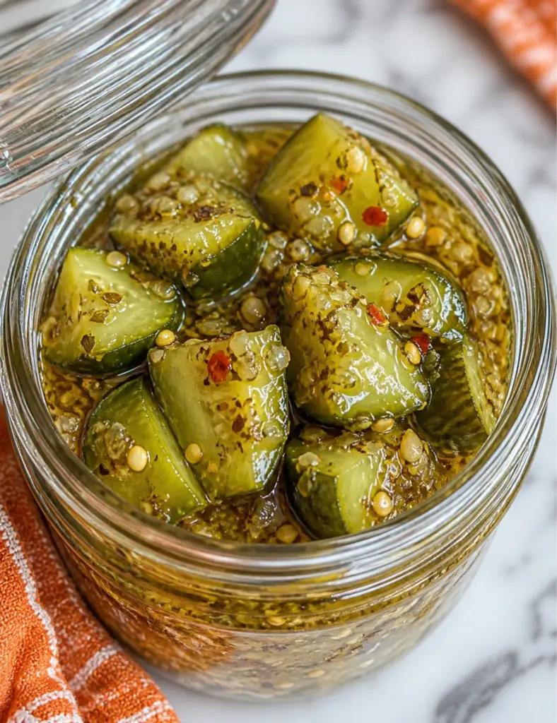 Garlic Dill Pickles in a tall glass jar with chunky cucumber pieces, garlic dill brine, mustard seeds, red pepper flakes, and an orange kitchen towel.