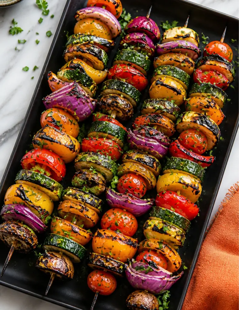 Grilled Veggie Skewers on Black Platter with Zucchini and Bell Peppers