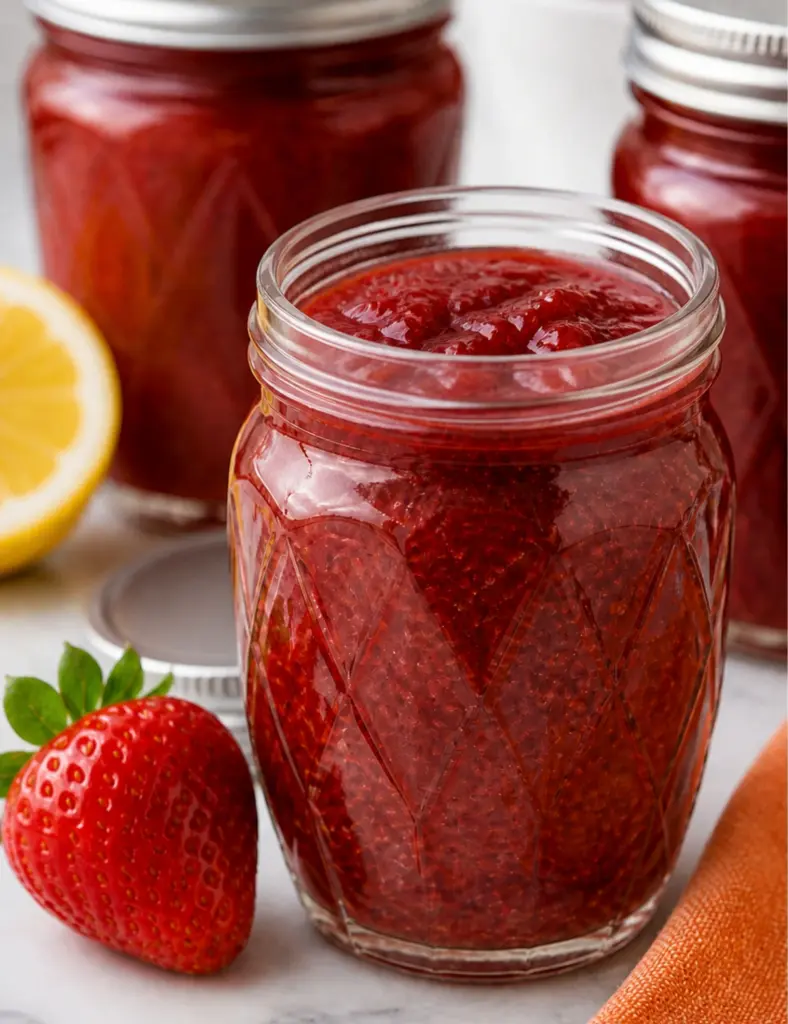 Open jar of Low Sugar Strawberry Lemon Jam on a marble countertop with fresh strawberry, lemon, and orange kitchen towel.