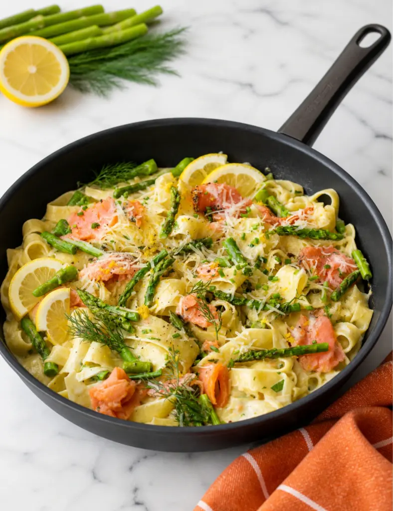 Smoked Salmon Pasta in a black skillet with creamy pasta, asparagus, lemon slices, fresh dill, and parmesan on a white marble countertop.