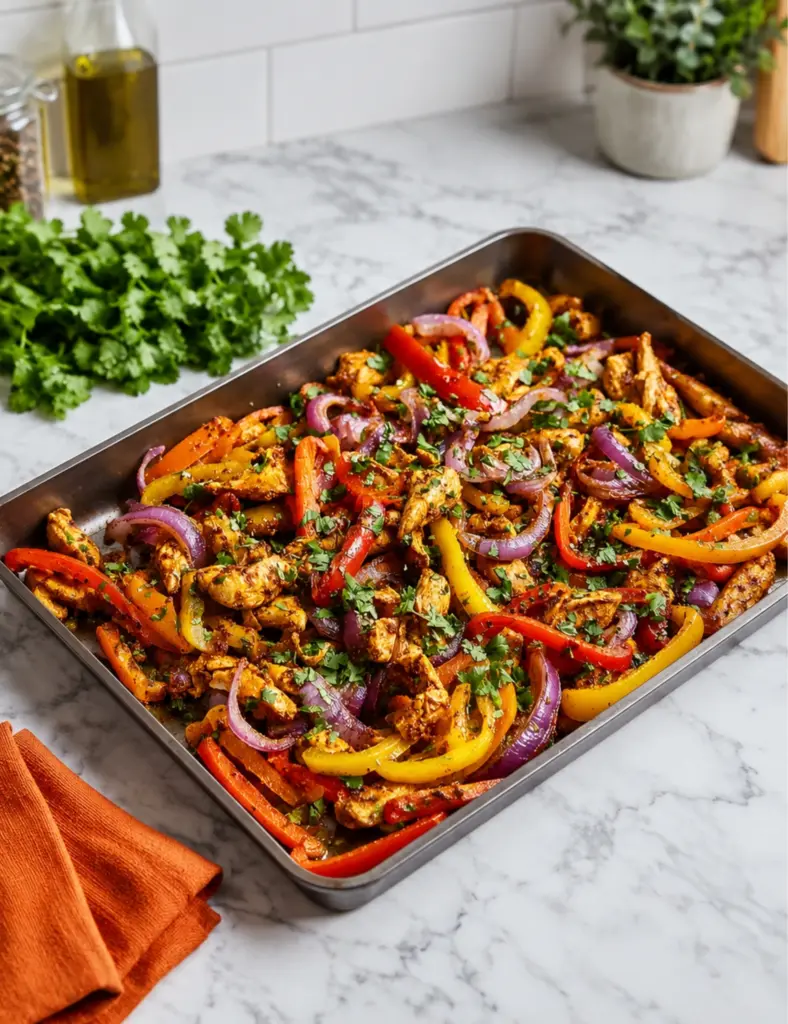 Sheet Pan Chicken Fajitas with roasted chicken strips, colorful bell peppers, red onions, and fresh cilantro served in a metal pan on a marble kitchen countertop.