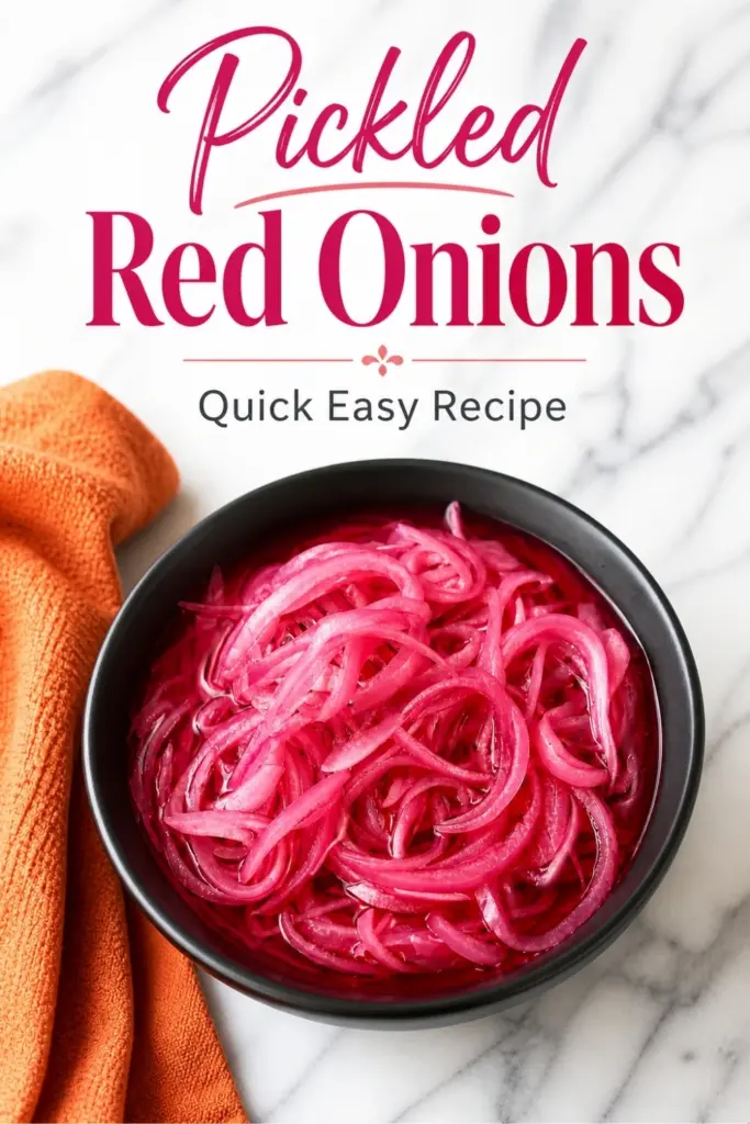 Pinterest recipe image of pickled red onions in a black bowl on a white marble countertop with an orange kitchen towel.
