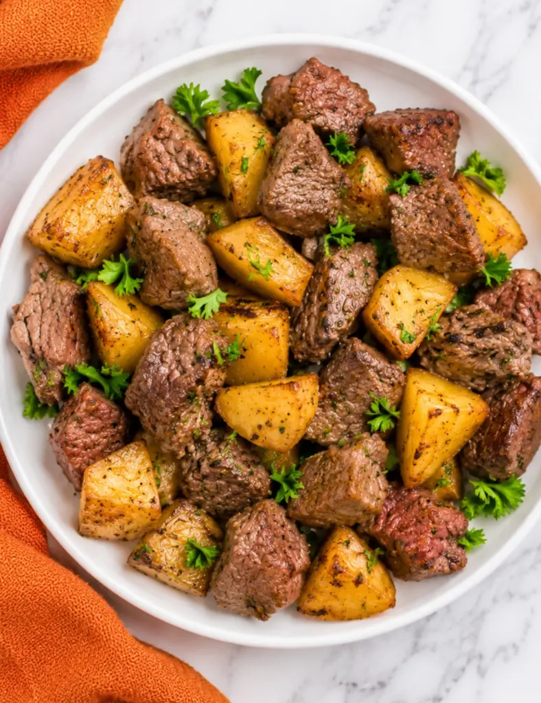 Blackstone Steak and Potatoes with juicy steak bites, crispy golden potatoes, fresh parsley, and garlic butter served in a white bowl on a white marble countertop.