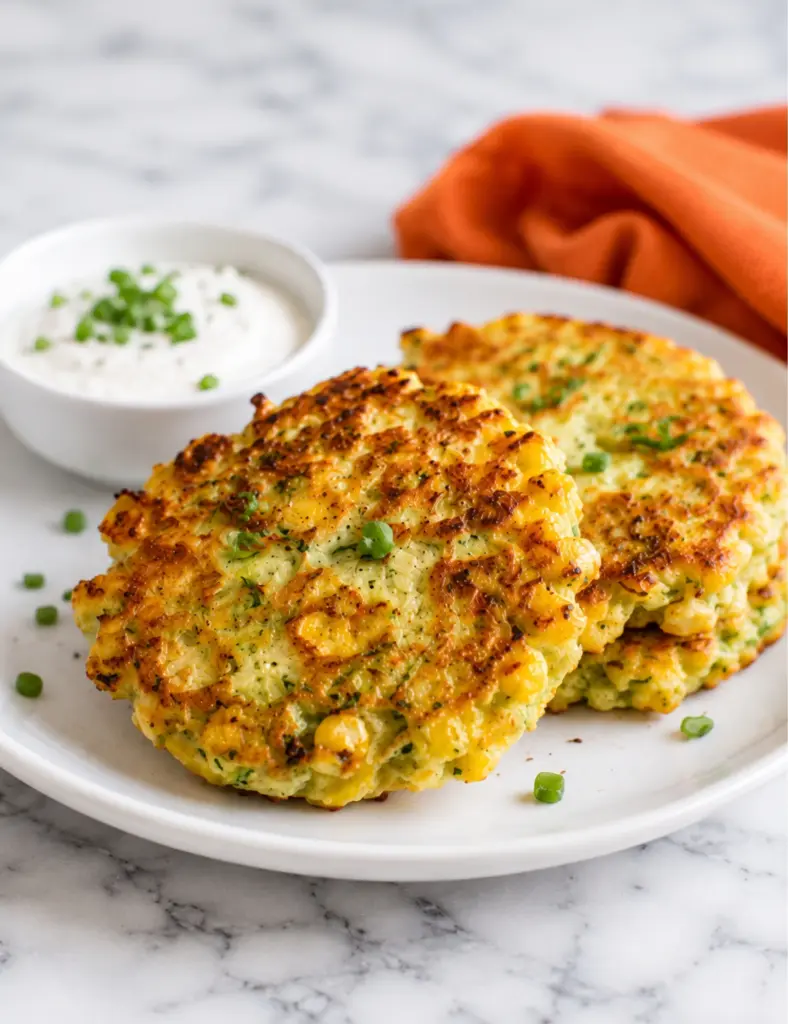 Crispy cheesy zucchini and corn fritters served on a white plate with creamy dipping sauce and an orange kitchen towel.