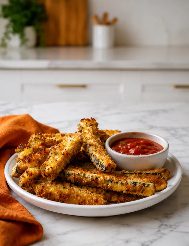 Crispy Air Fryer Zucchini Fries on a white plate with marinara dipping sauce and an orange towel on a marble kitchen countertop.