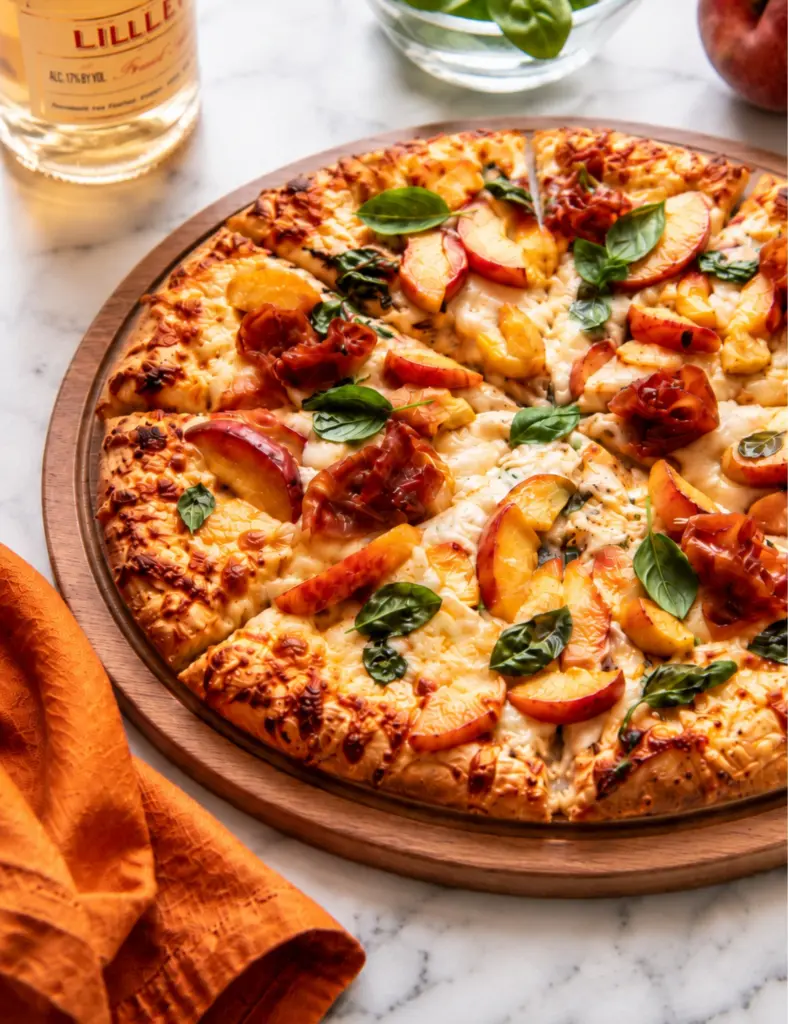 Prosciutto peach pizza with melted cheese, fresh basil, sliced peaches, and crispy golden crust on a marble countertop.