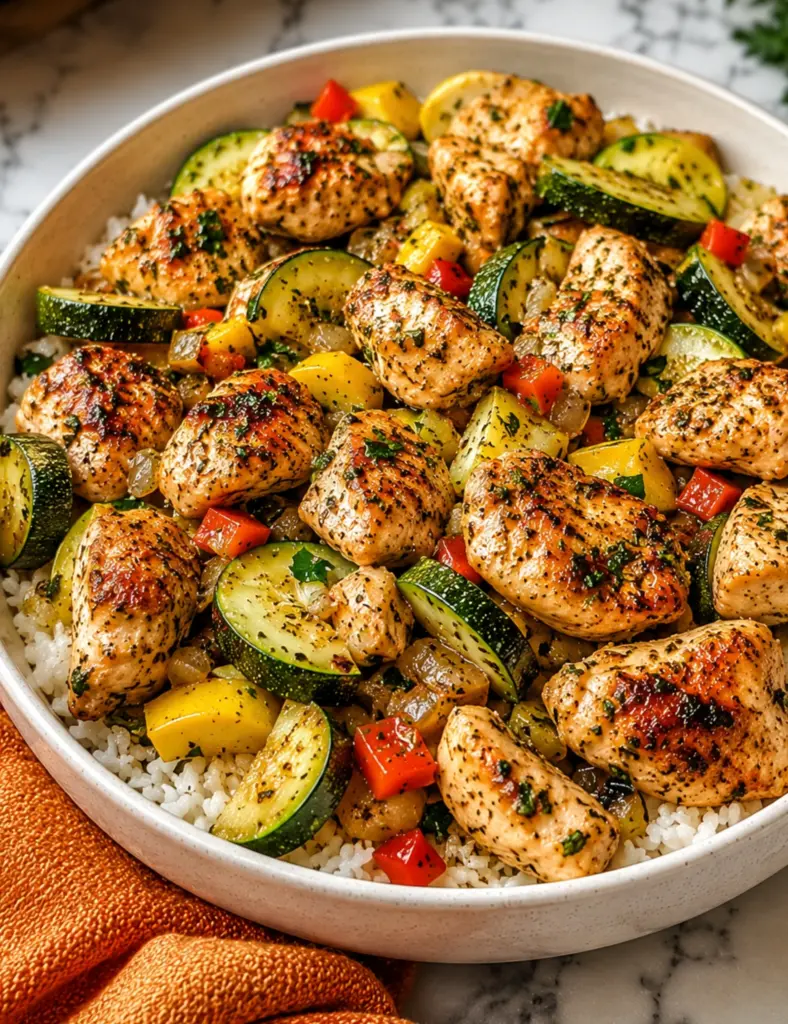 Baked chicken and zucchini served over white rice with yellow squash, red bell pepper, onion, and chopped herbs in a bowl.