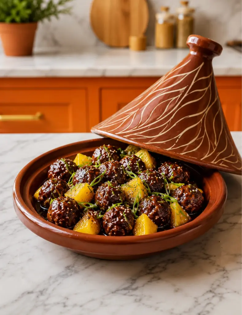 Slow Cooker Teriyaki Meatballs with pineapple chunks, sesame seeds and sliced green onions served in a rustic terracotta tagine dish on a marble countertop.
