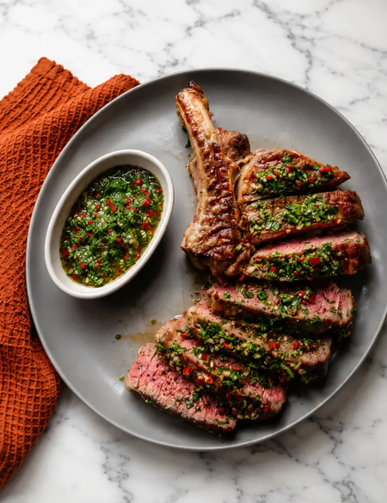 Chimichurri steak sliced medium rare on a gray plate with fresh herb sauce, red chili, garlic, and a side bowl of chimichurri on a white marble countertop.