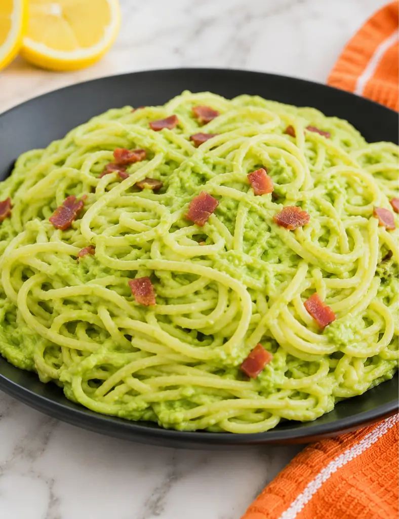 Close-up of creamy avocado pasta with crispy bacon in a black bowl on a white marble countertop with lemon and orange towel