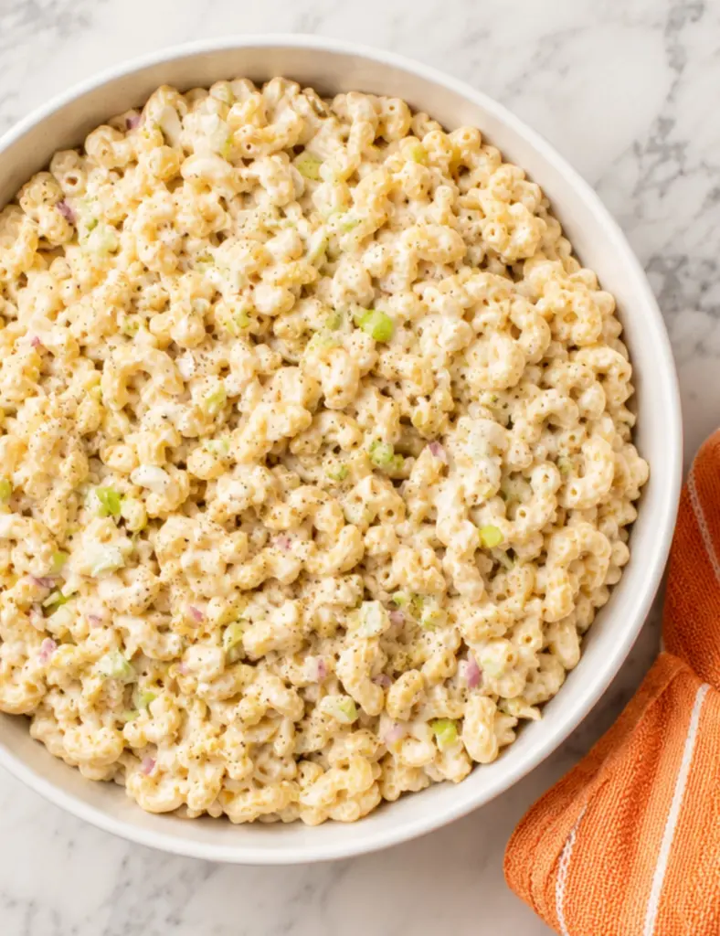 Overhead view of creamy macaroni salad in a white bowl with celery, red onion, egg, and black pepper on a marble countertop with an orange towel.