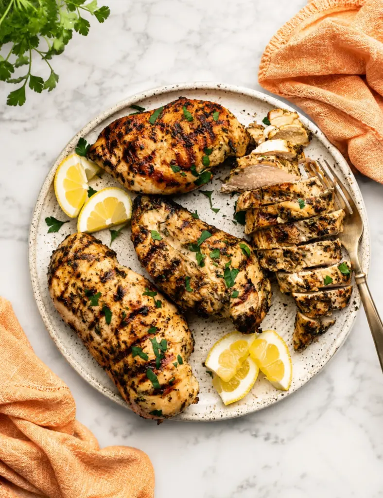 Lemon herb marinated grilled chicken served on a white plate with sliced chicken breast, lemon wedges, fresh parsley, and an orange kitchen towel on a marble countertop.