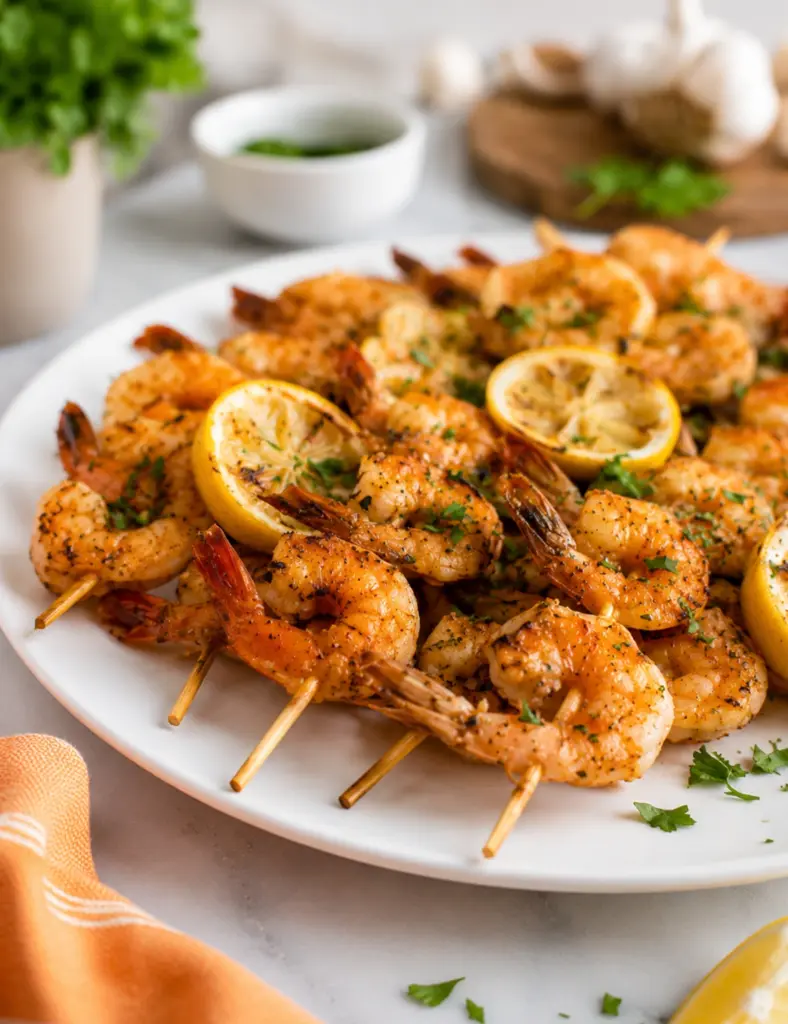 Close-up of garlic butter shrimp skewers on a white plate with grilled lemon slices, fresh parsley, and an orange kitchen towel on a marble countertop.