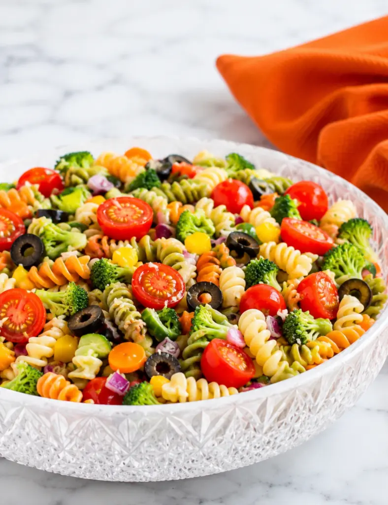 Pasta Salad with Veggies in a crystal bowl with tri-color rotini, cherry tomatoes, broccoli, olives, carrots, cucumber, and orange towel on marble countertop