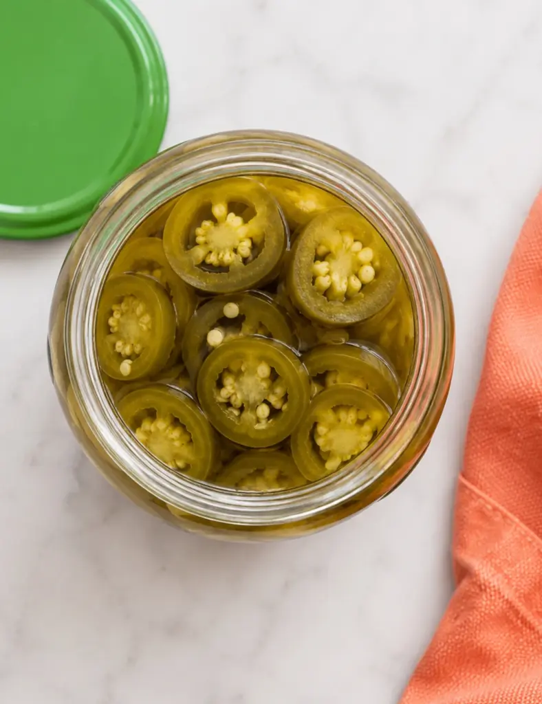 Overhead view of an open jar of Quick Pickled Jalapeños with sliced jalapeños in brine, a green lid, and an orange towel on a marble countertop.