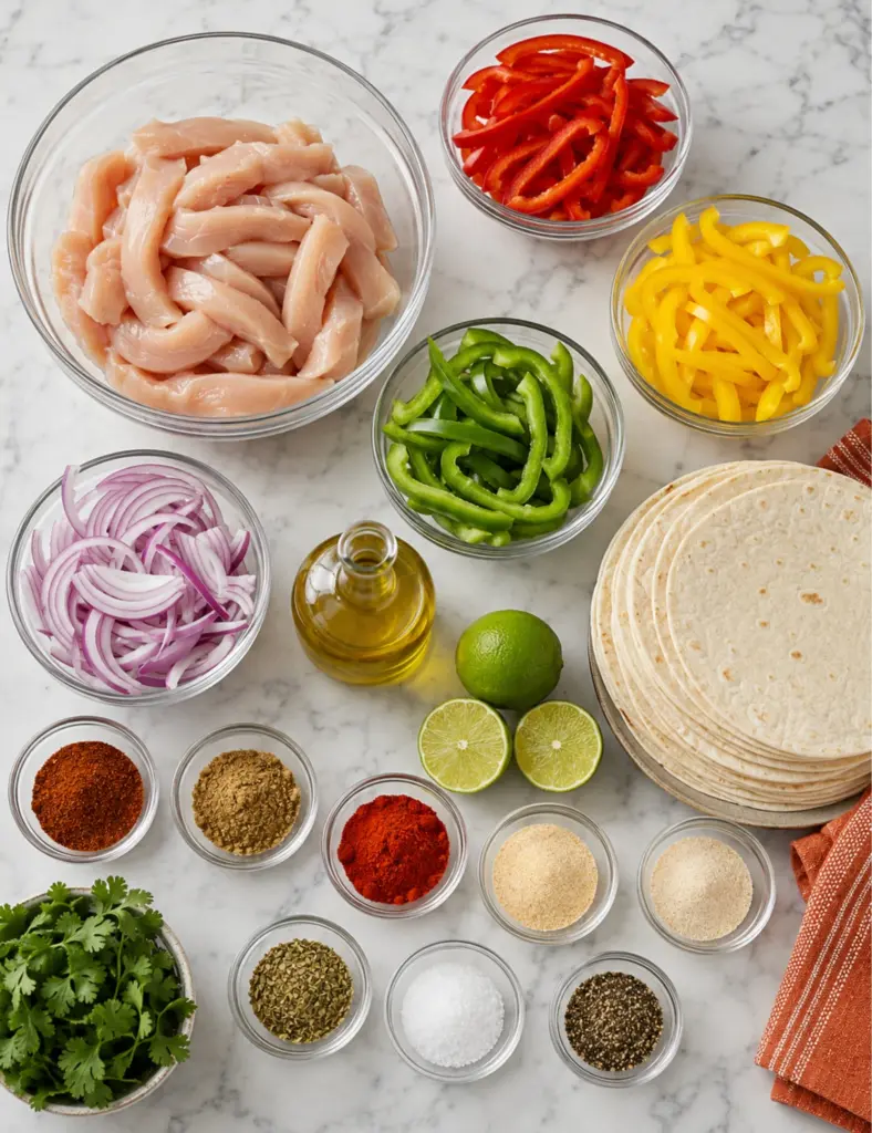 Sheet Pan Chicken Fajitas ingredients flat lay with sliced chicken breast, bell peppers, red onion, tortillas, lime, olive oil, cilantro, and fajita spices in glass bowls on a white marble countertop.