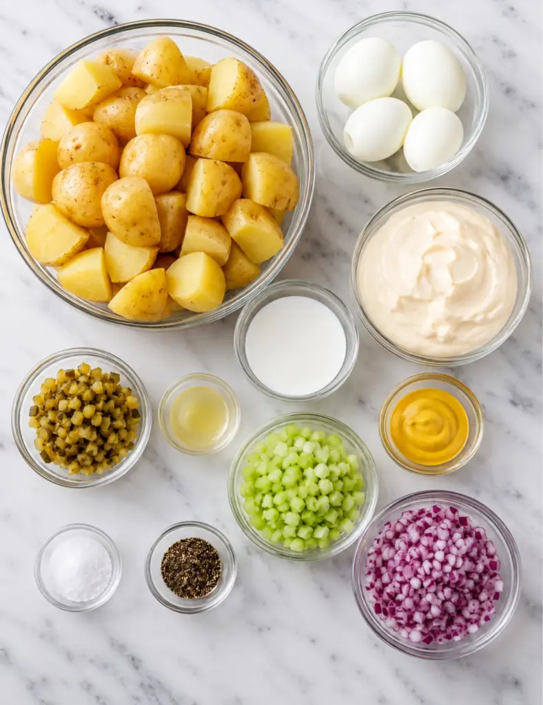 Classic potato salad ingredients in glass bowls with Yukon Gold potatoes, hard boiled eggs, mayonnaise, buttermilk, mustard, pickles, celery, red onion, salt, and black pepper on a marble countertop.