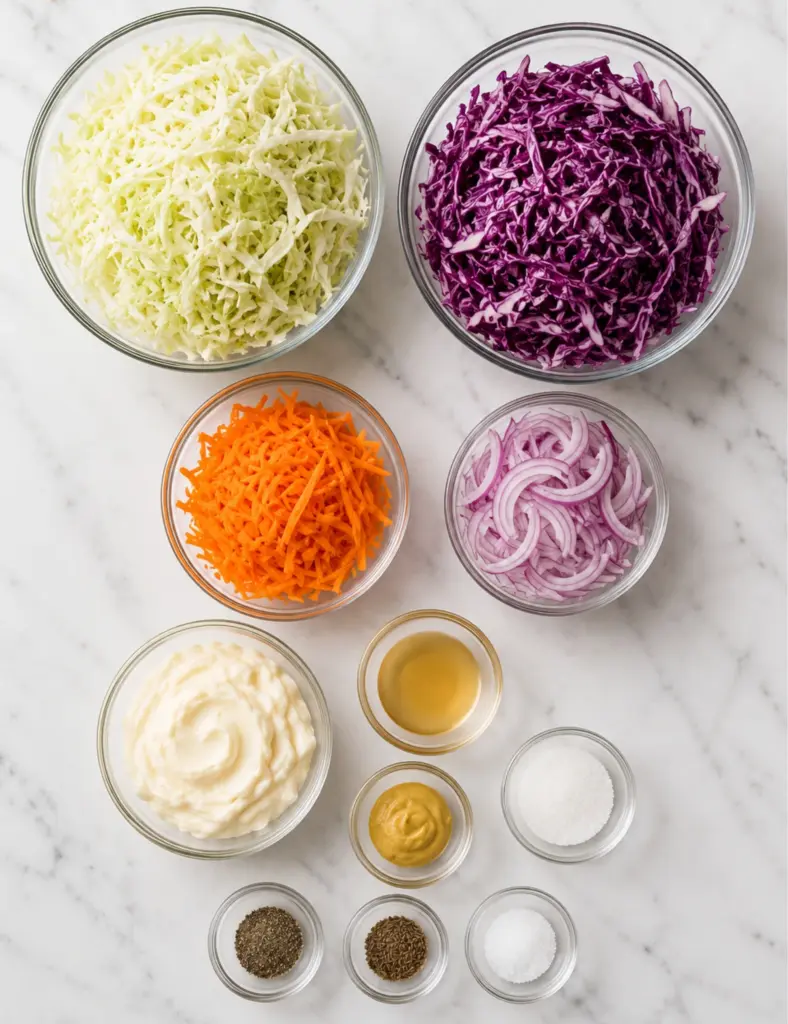 Creamy Coleslaw Recipe ingredients in glass bowls with shredded green cabbage, red cabbage, carrots, red onion, mayonnaise, vinegar, mustard, sugar, celery seeds, salt, and black pepper on a marble countertop.
