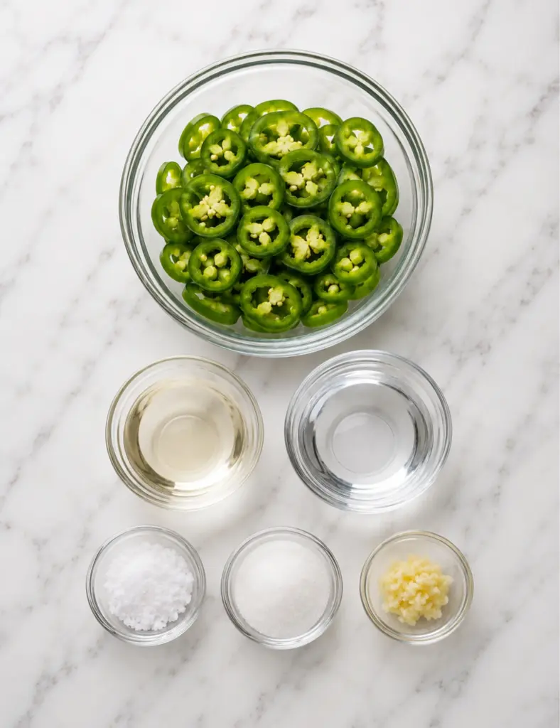 Overhead ingredients photo for Quick Pickled Jalapeños with sliced jalapeños, white vinegar, water, salt, sugar, and crushed garlic in glass bowls on a white marble countertop.