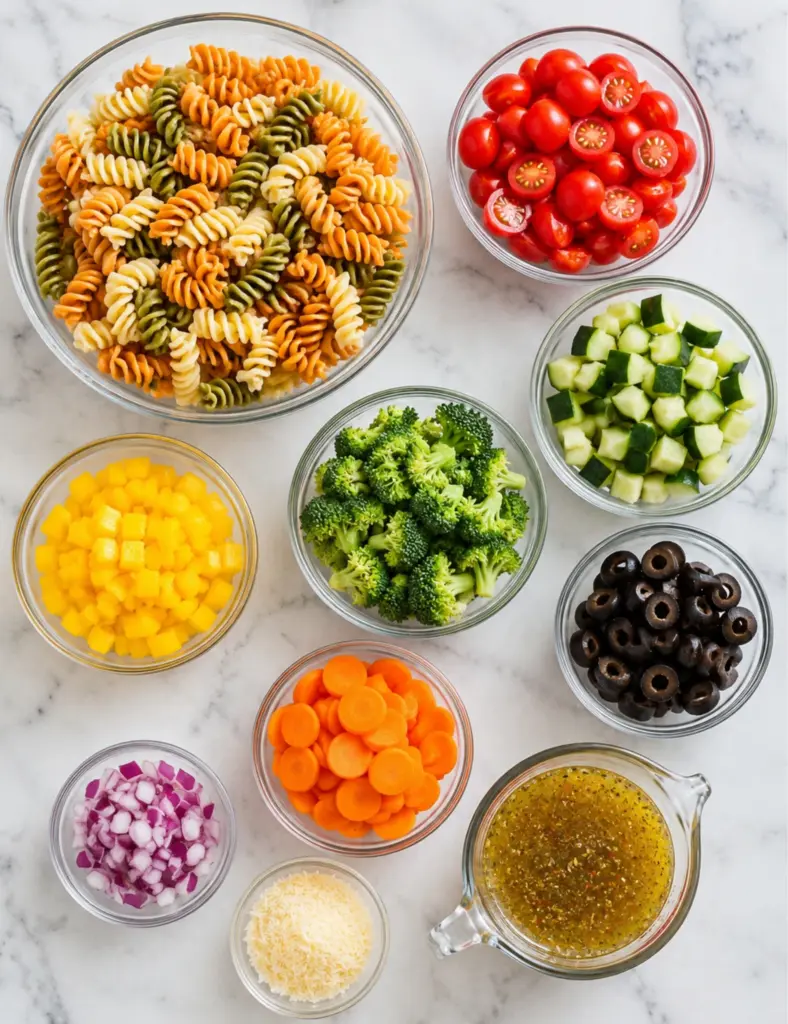 Pasta Salad with Veggies ingredients in glass bowls with tri-color rotini, tomatoes, cucumber, broccoli, olives, carrots, red onion, parmesan, and Italian dressing on marble countertop