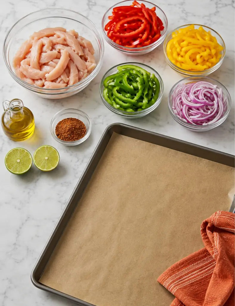 Sheet Pan Chicken Fajitas prep ingredients with sliced chicken breast, bell peppers, red onion, lime, olive oil, fajita seasoning, and a parchment-lined sheet pan.