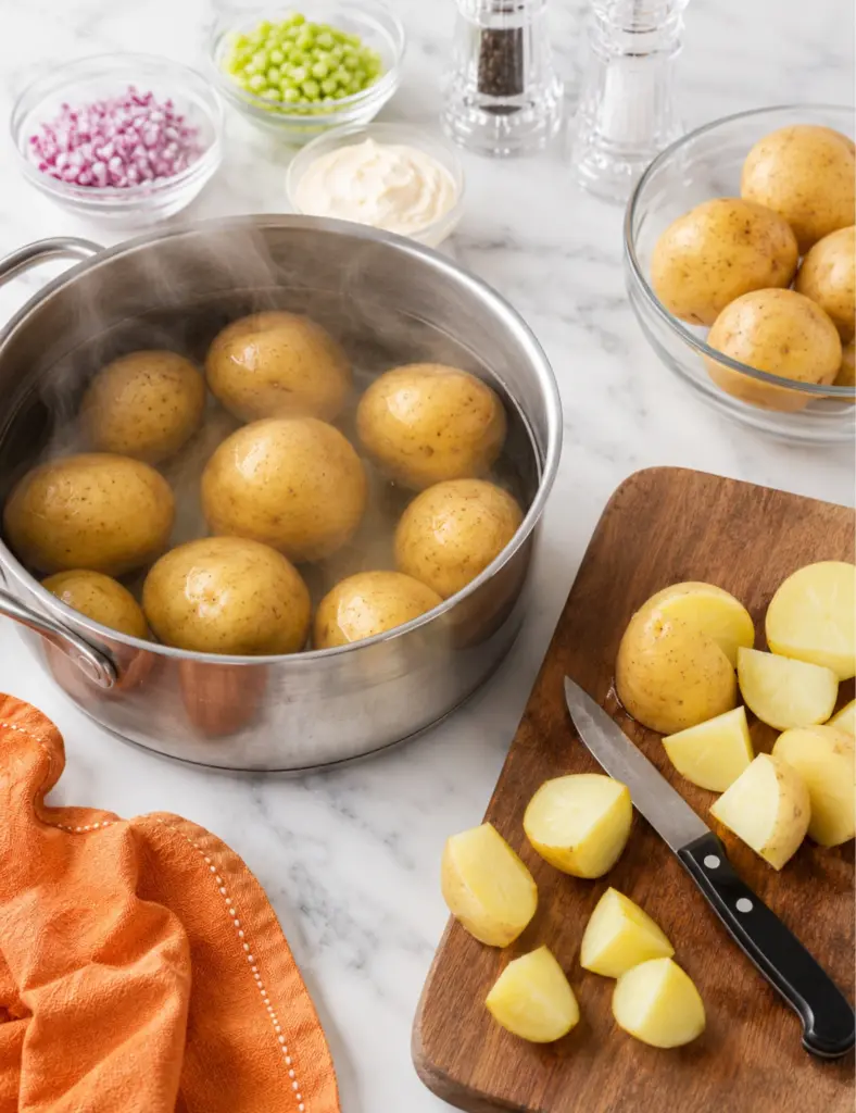 Yukon Gold potatoes cooking in a stainless steel pot with chopped potatoes on a wooden cutting board, glass bowls of celery, red onion, mayonnaise, and seasonings on a marble countertop.