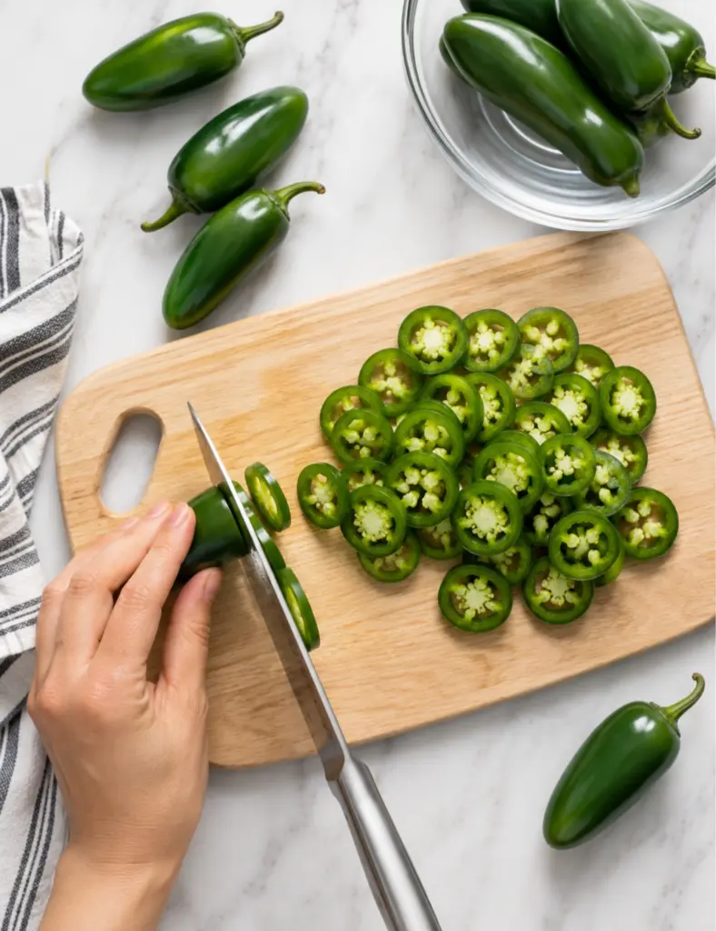 Hand slicing fresh jalapeños into thin rings on a wooden cutting board for Quick Pickled Jalapeños, with whole peppers on a marble countertop.