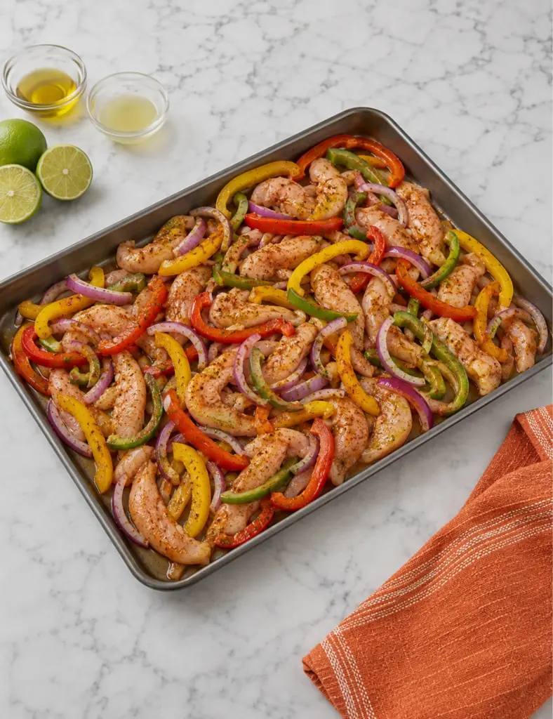 Raw Sheet Pan Chicken Fajitas with sliced chicken breast, red, yellow, and green bell peppers, red onions, olive oil, lime juice, and fajita seasoning ready to roast.