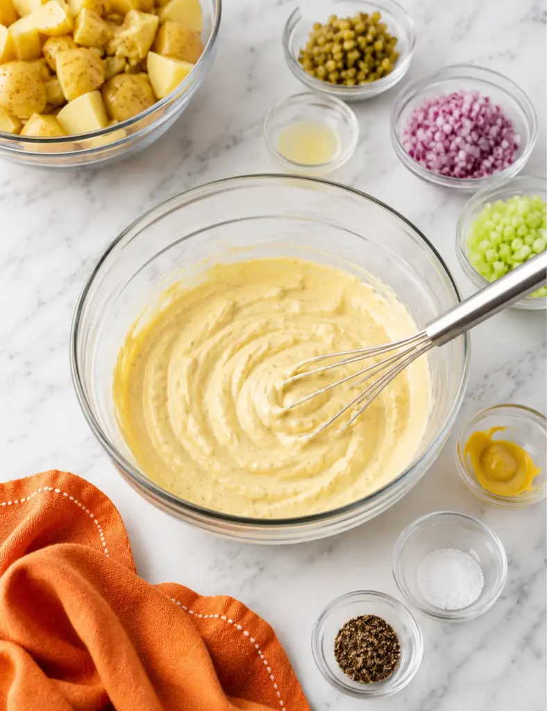 Classic potato salad dressing mixed in a glass bowl with mayonnaise, buttermilk, mustard, pickle juice, salt, and black pepper, with potatoes, pickles, celery, and red onion nearby on a marble countertop.