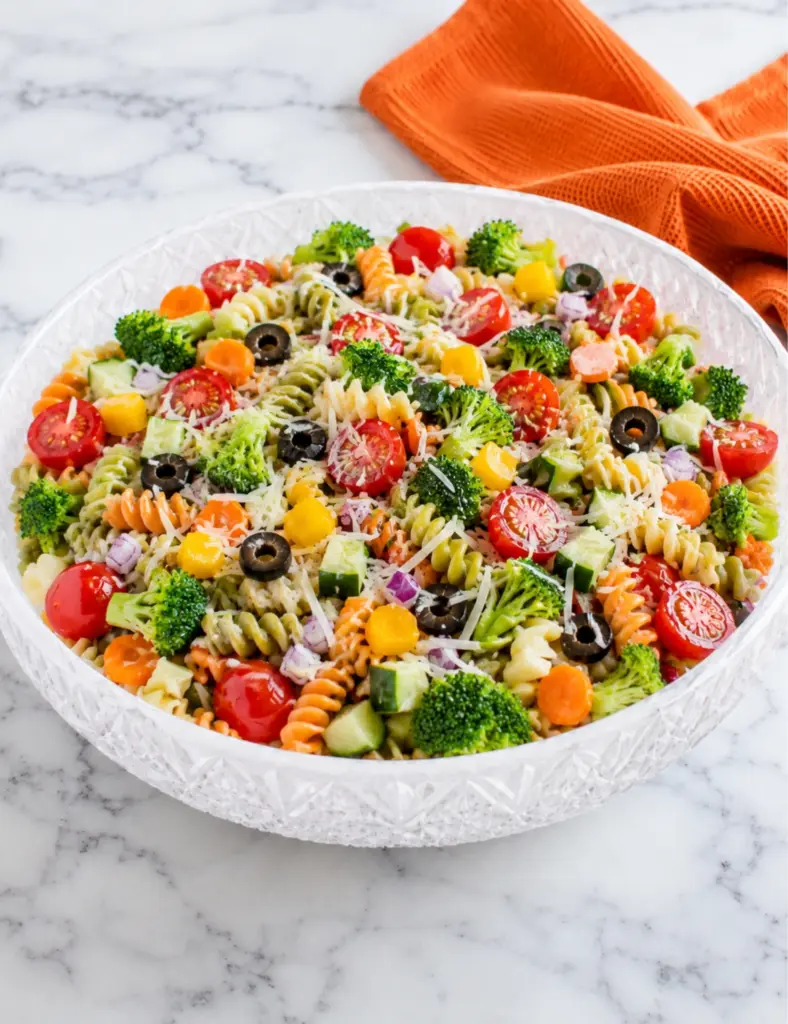 Pasta Salad with Veggies in a crystal bowl with tri-color rotini, tomatoes, broccoli, olives, cucumber, carrots, parmesan, and orange towel on marble countertop