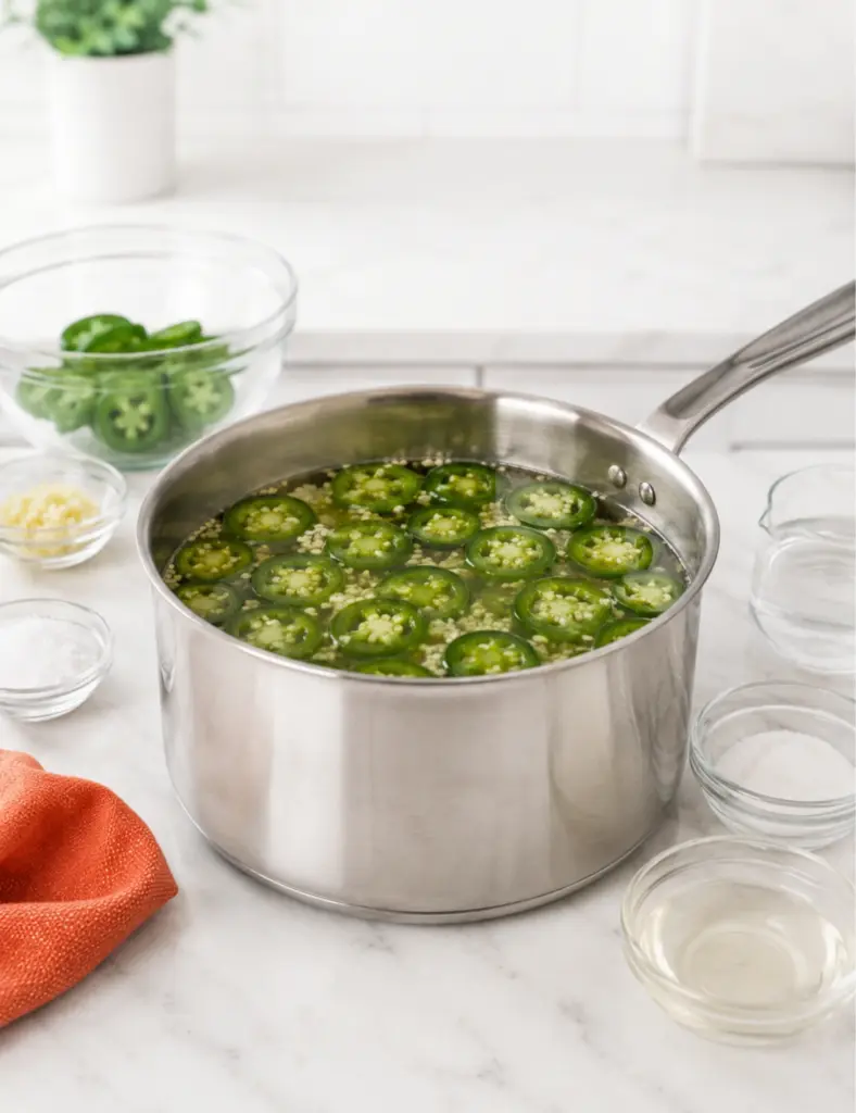 Sliced jalapeños soaking in vinegar brine inside a stainless steel pot for Quick Pickled Jalapeños, surrounded by glass bowls of garlic, salt, sugar, and vinegar on a marble counter.