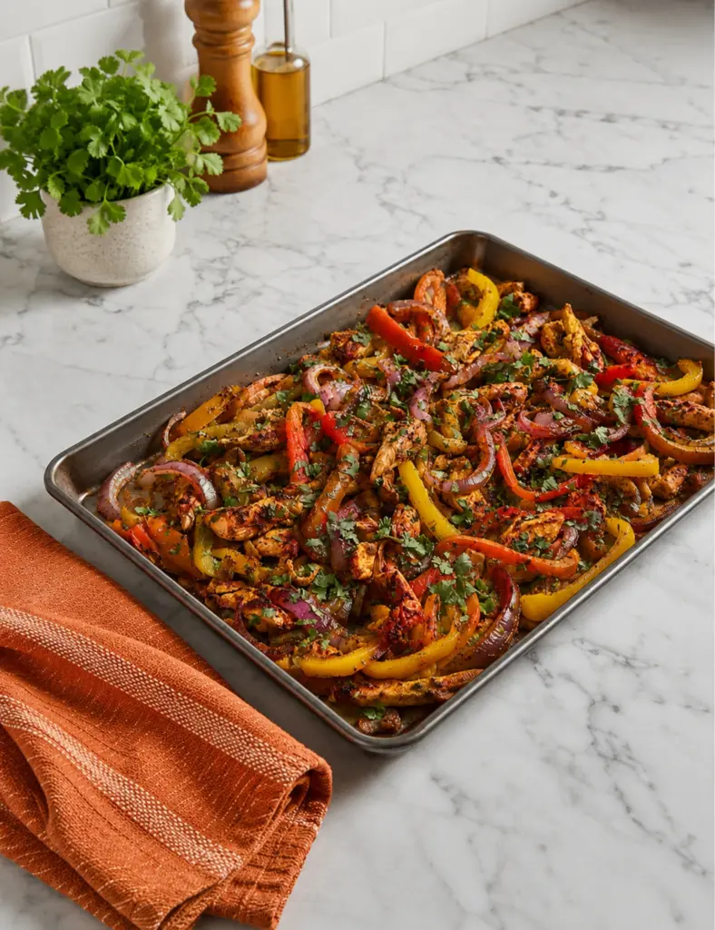 Sheet Pan Chicken Fajitas with roasted chicken strips, bell peppers, red onions, and cilantro served in a metal pan on a white marble kitchen countertop.