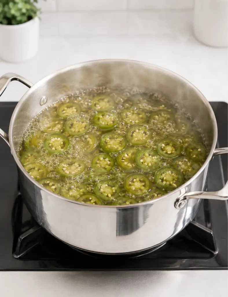 Quick Pickled Jalapeños boiling in a stainless steel pot on the stovetop, with sliced jalapeños simmering in hot vinegar brine.