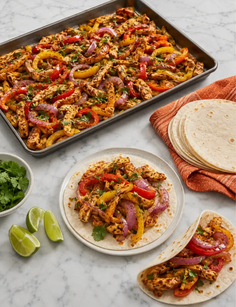 Sheet Pan Chicken Fajitas served with warm tortillas, roasted chicken strips, bell peppers, red onions, fresh cilantro, and lime wedges on a white marble countertop.