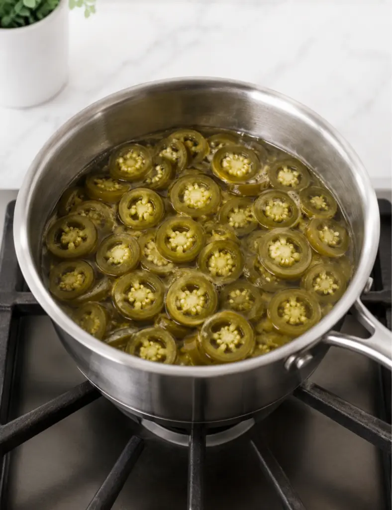 Quick Pickled Jalapeños simmering in a stainless steel pot on the stovetop, with sliced jalapeños turning olive green in tangy brine.